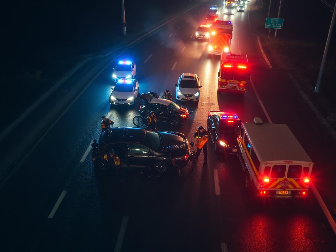 Night highway crash scene with police, fire and ambulance response