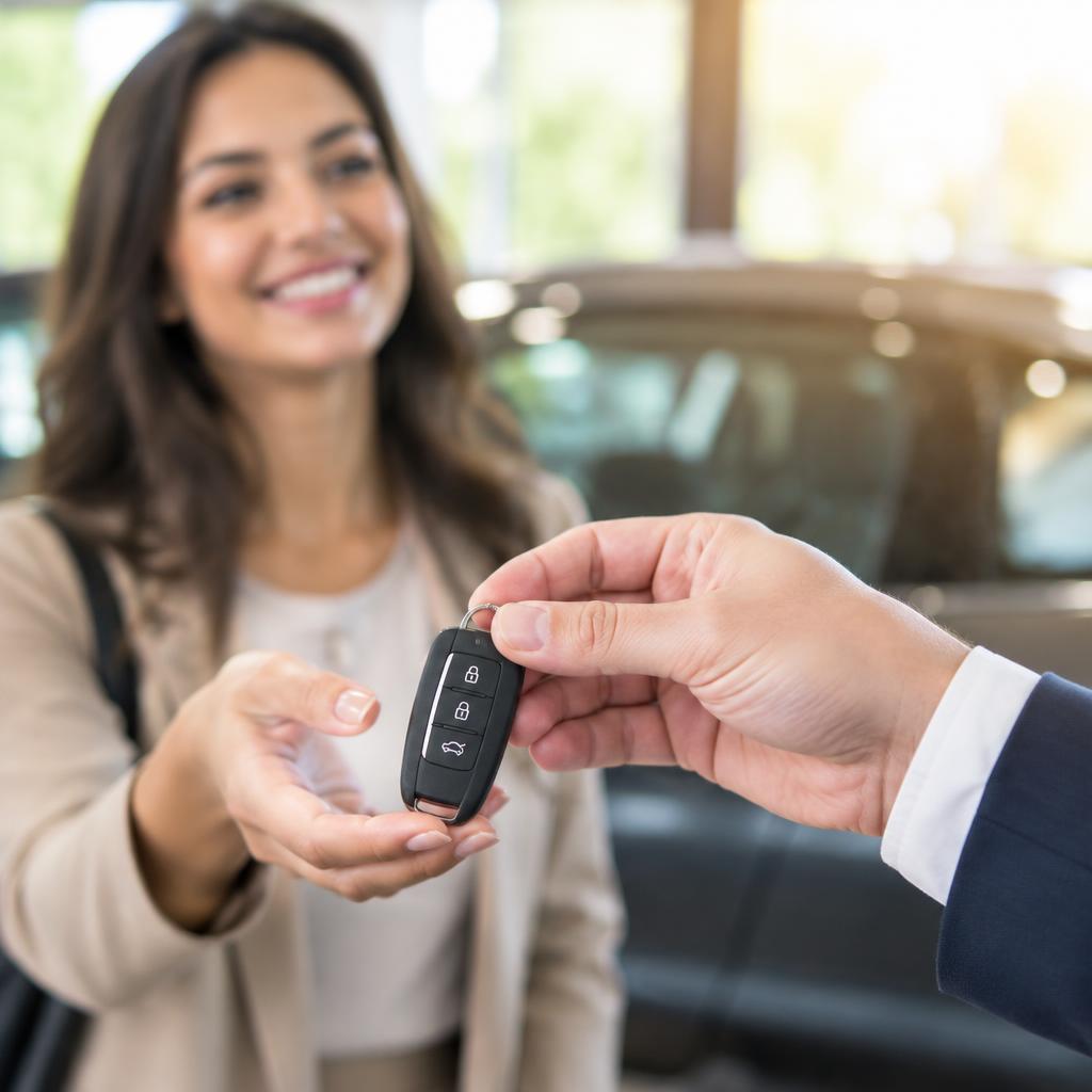 Happy customer receiving the keys to her newly insured car at a dealership