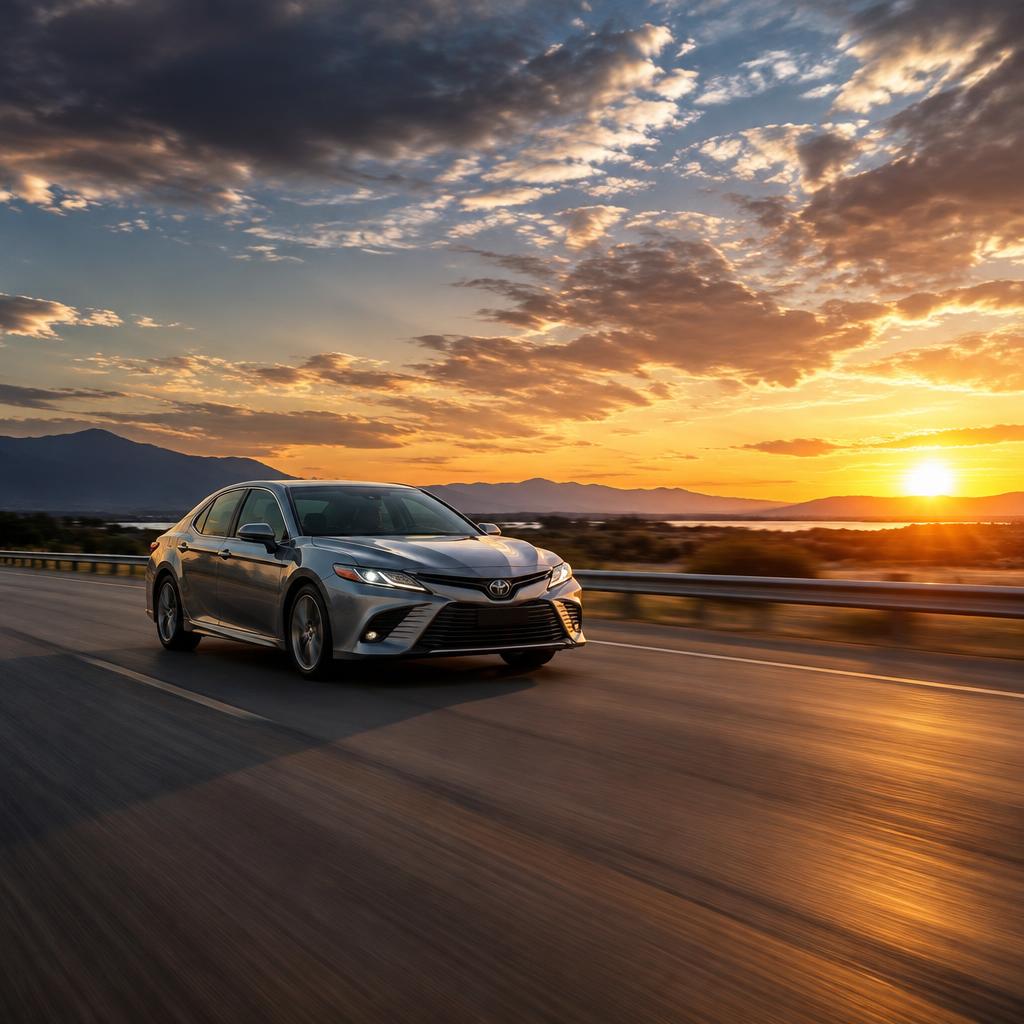 Modern silver sedan driving on an open highway at sunset