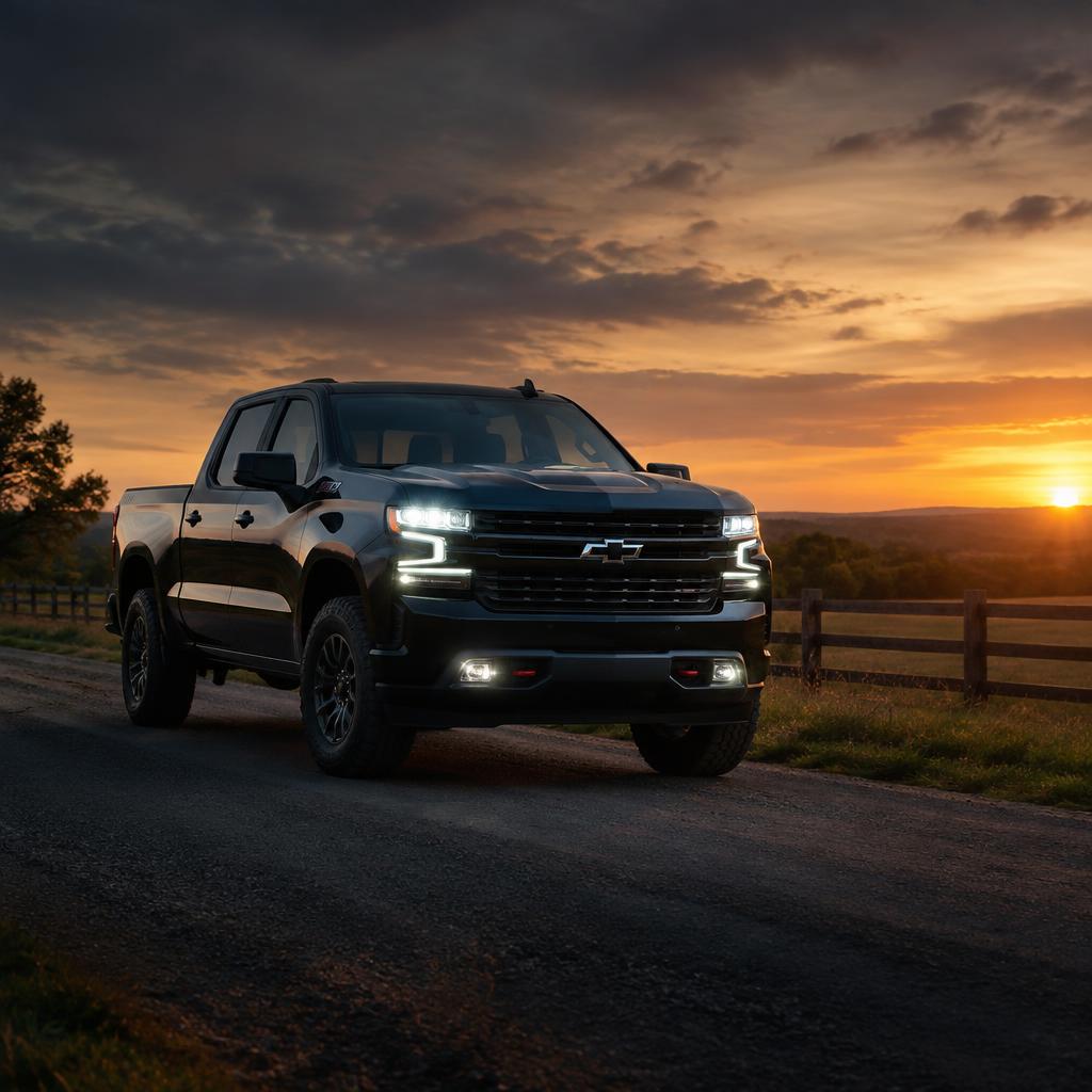 Rugged pickup truck on a country road at dusk