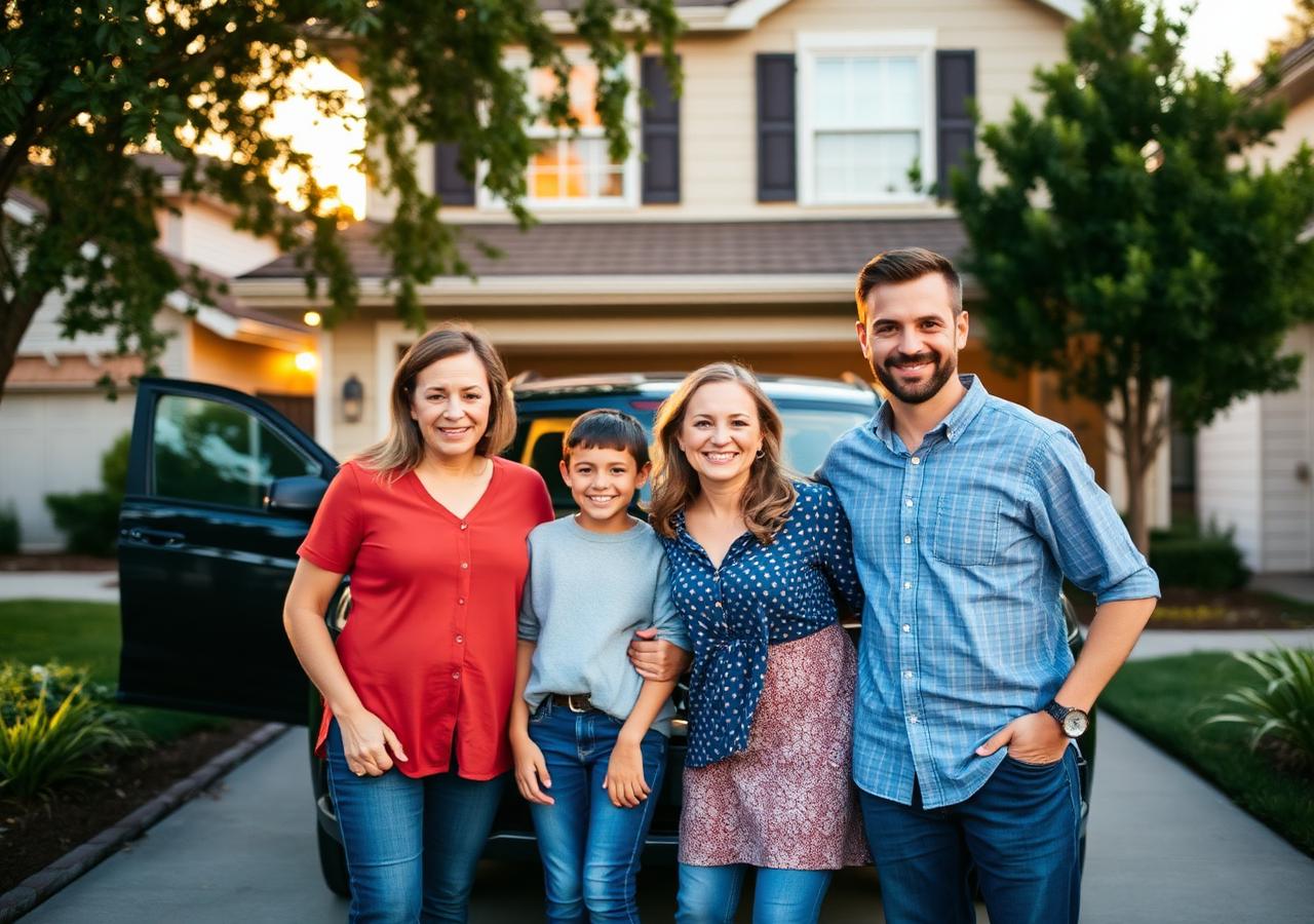 Family standing with their car in front of their home
